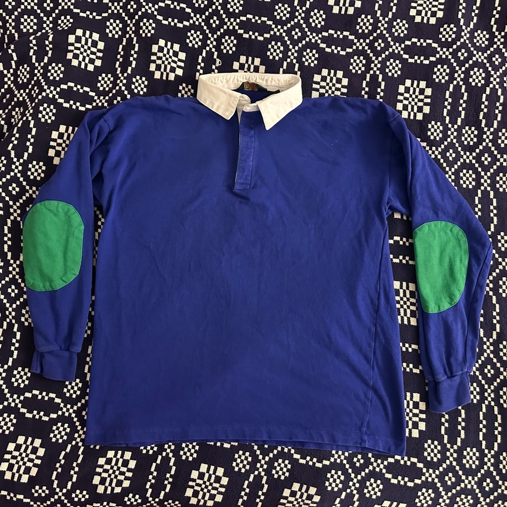 Vtg 90s JCrew Mens Royal Blue Rugby Shirt Green Elbow Patches White Collar Large